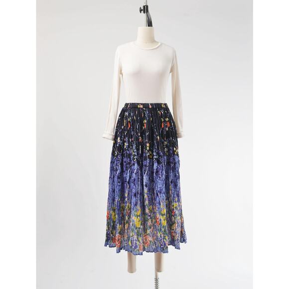 Vintage 90s Floral Broomstick Pleated Full Cotton Maxi Skirt S M - Picture 2 of 8